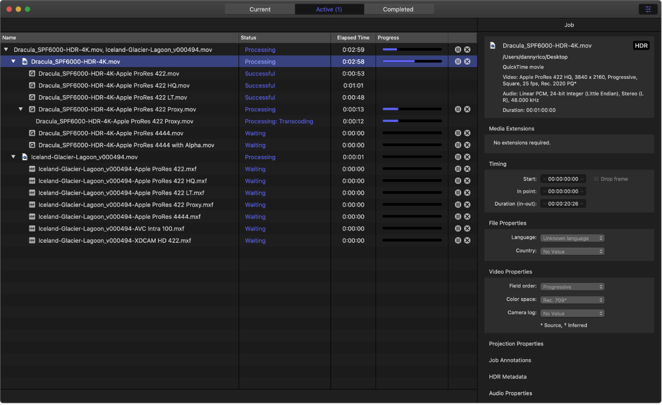 Ventana de Compressor en la que se muestra la vista Activo