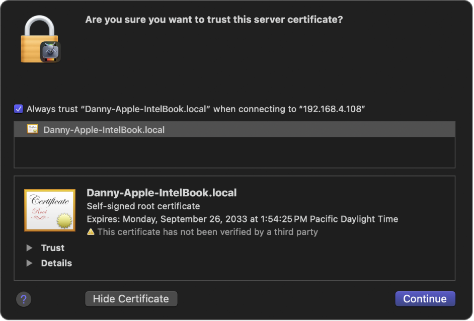 Ventana donde se muestra el certificado de seguridad de un ordenador seleccionado.