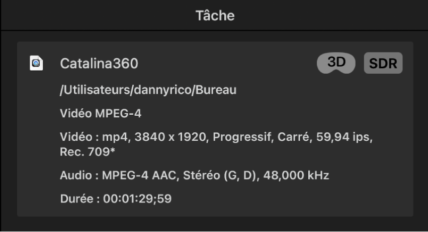 Inspecteur de tâche affichant le résumé de la tâche