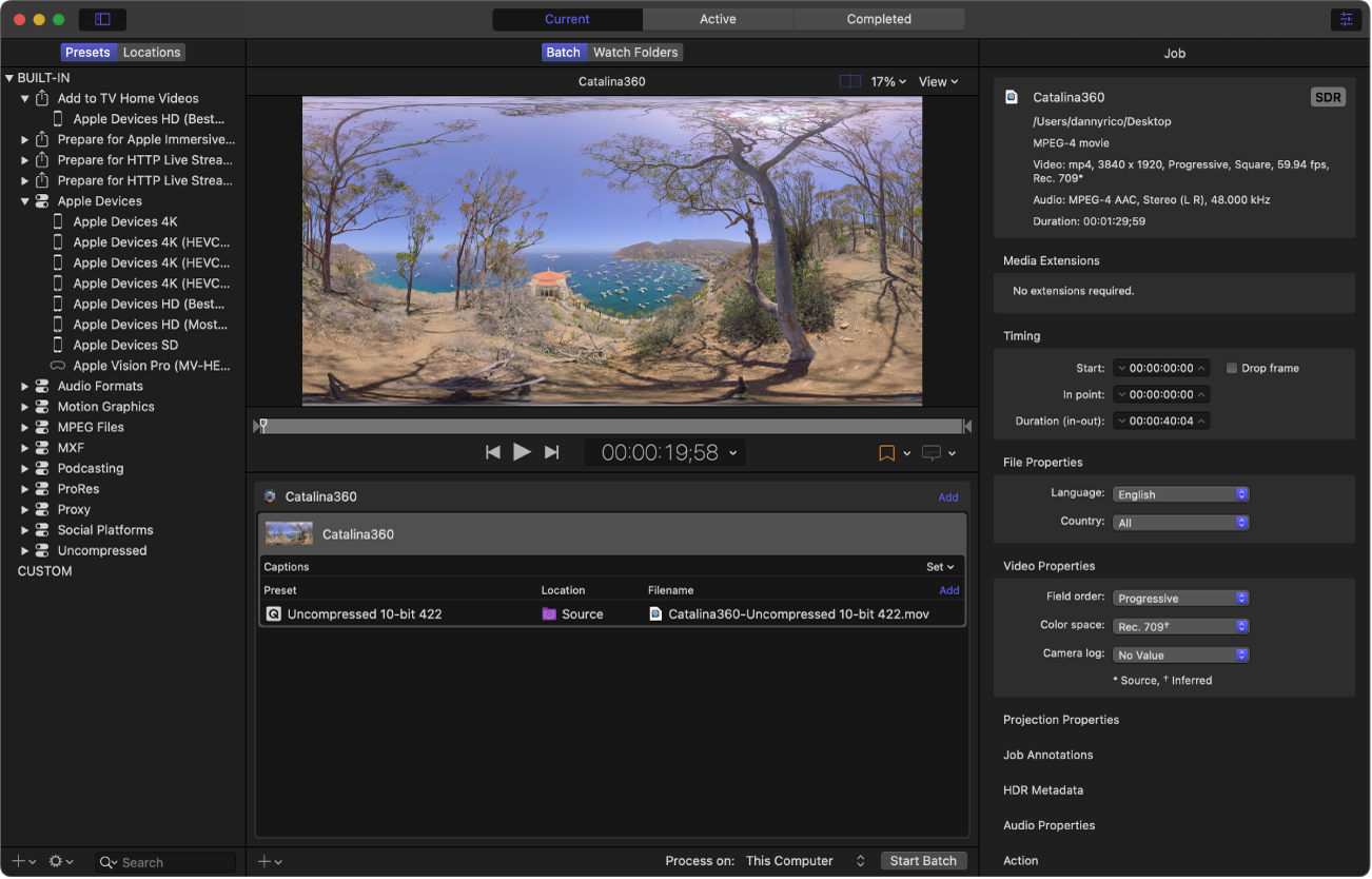 360° 소스 파일이 보이는 Compressor 메인 윈도우