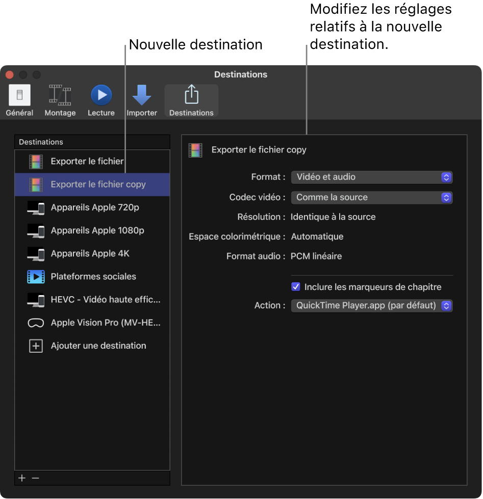 Sous-fenêtre Destinations de la fenêtre Réglages de Final Cut Pro montrant une destination « Exporter le fichier » dupliquée, sélectionnée dans la liste de gauche
