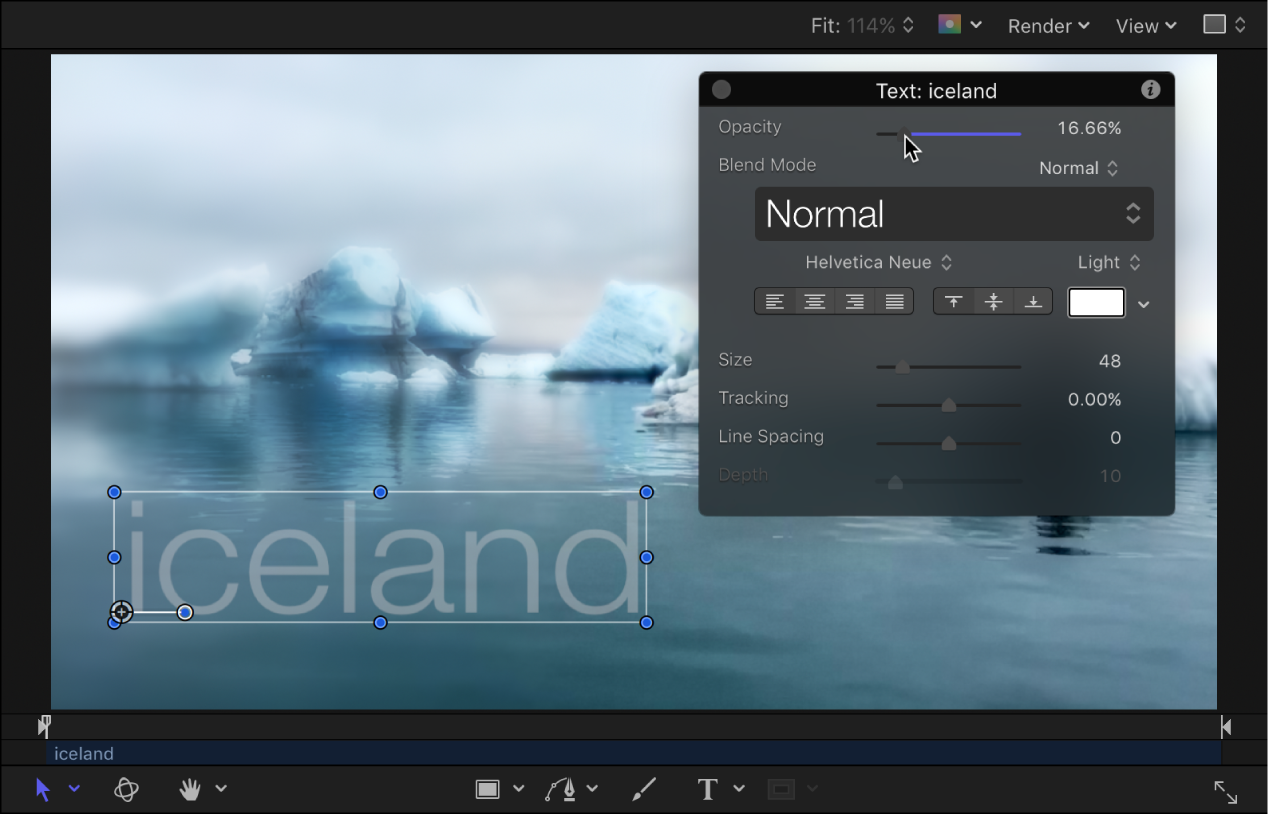 Canvas und Schwebepalette mit einer Deckkraft von 56 % des Textobjekts