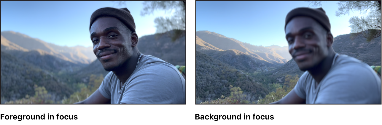 Einzelbilder von im Kinomodus aufgenommenem Video, die Fokusänderungen zeigen