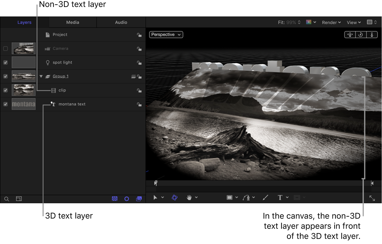 Capa de texto 3D bajo la capa de texto que no es 3D en la lista Capas; la capa de texto que no es 3D aparece delante de la capa de texto 3D en el lienzo.