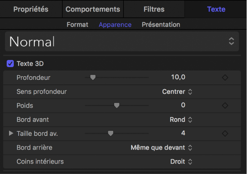 Commandes Texte 3D dans la fenêtre Apparence de l’inspecteur de texte