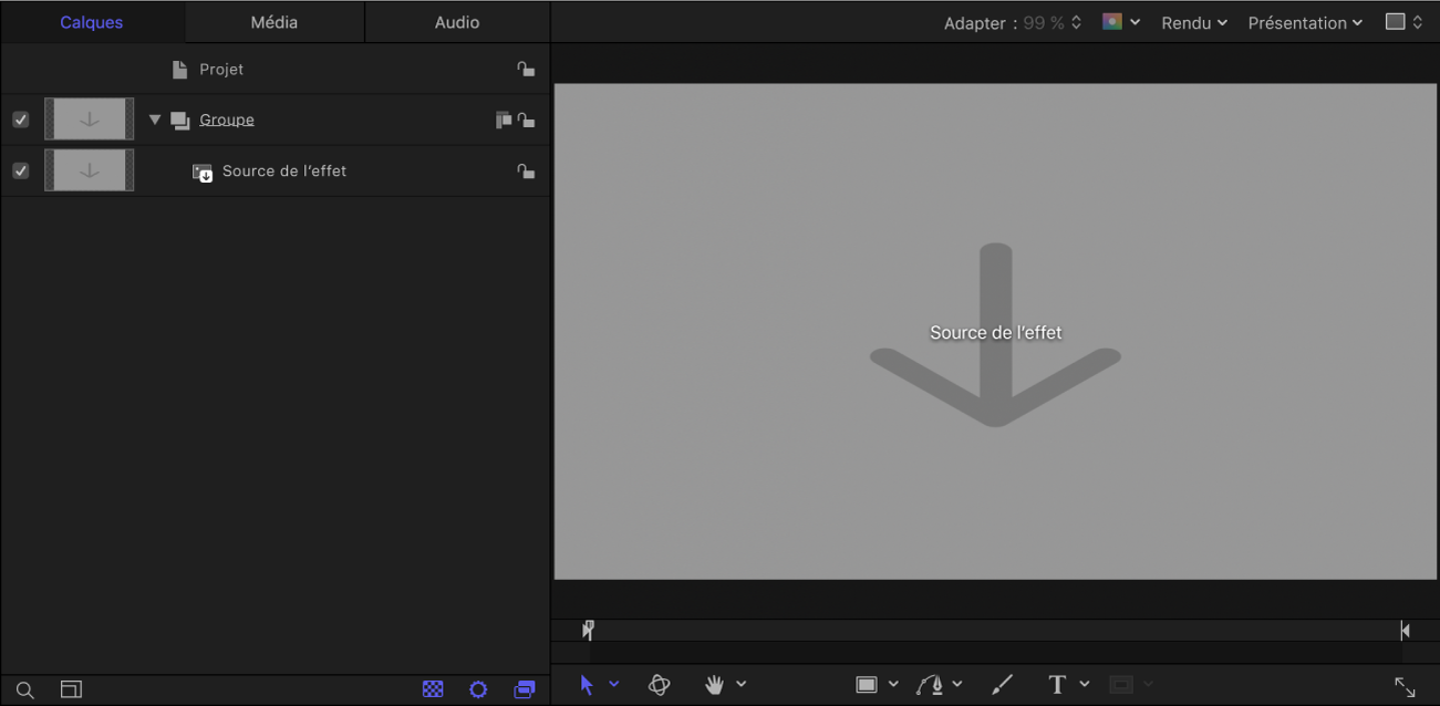 Nouveau projet d’effet Final Cut affichant la liste Calques et le canevas