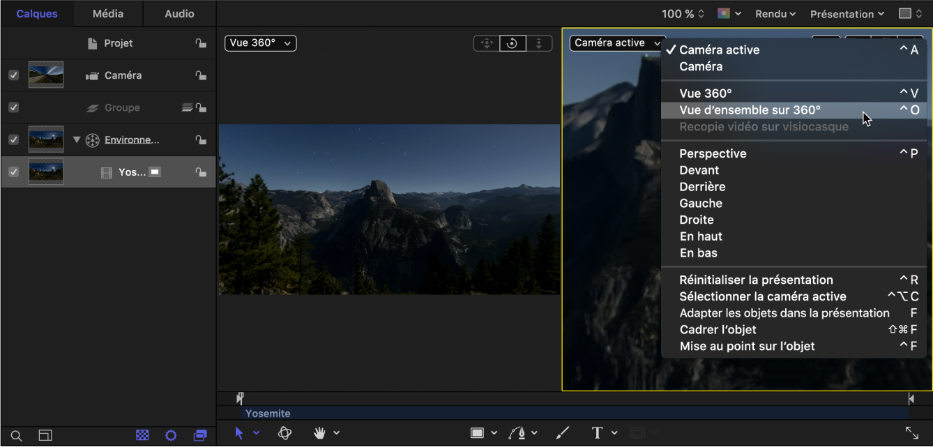 Sélection de l’option « Vue d’ensemble sur 360° » dans le menu local Caméra dans le canevas