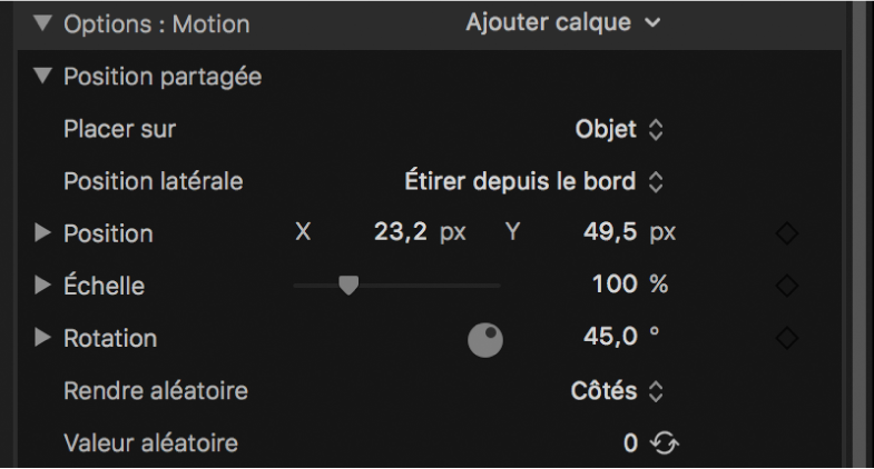 Inspecteur de texte 3D affichant les options Position partagée