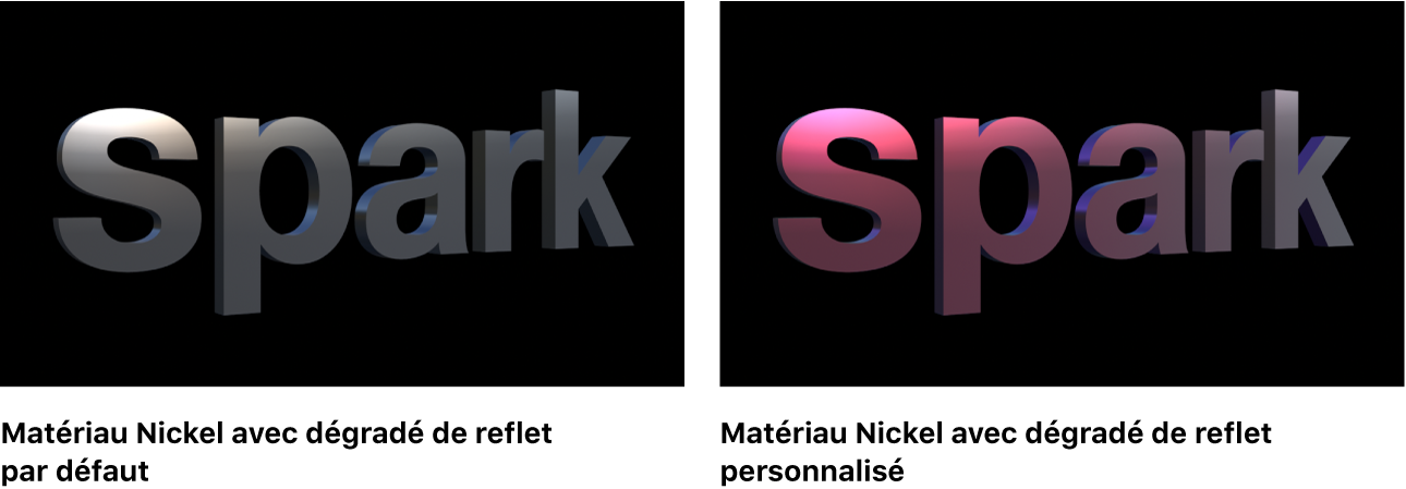 Canevas affichant un texte 3D avec le dégradé de reflet Nickel par défaut et ce même dégradé modifié