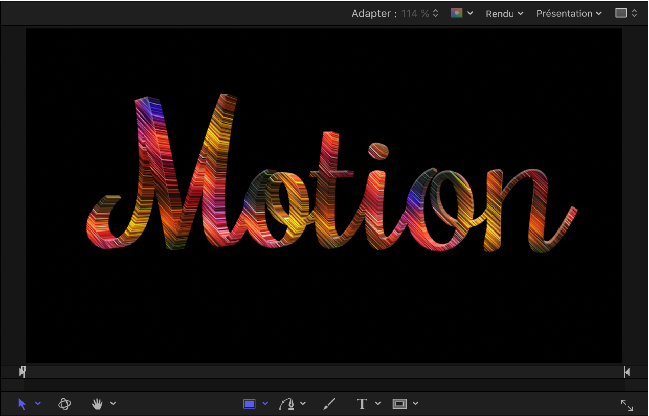 Exemple de texte 3D sur lequel est appliqué un calque de matériau Animation dans le canevas