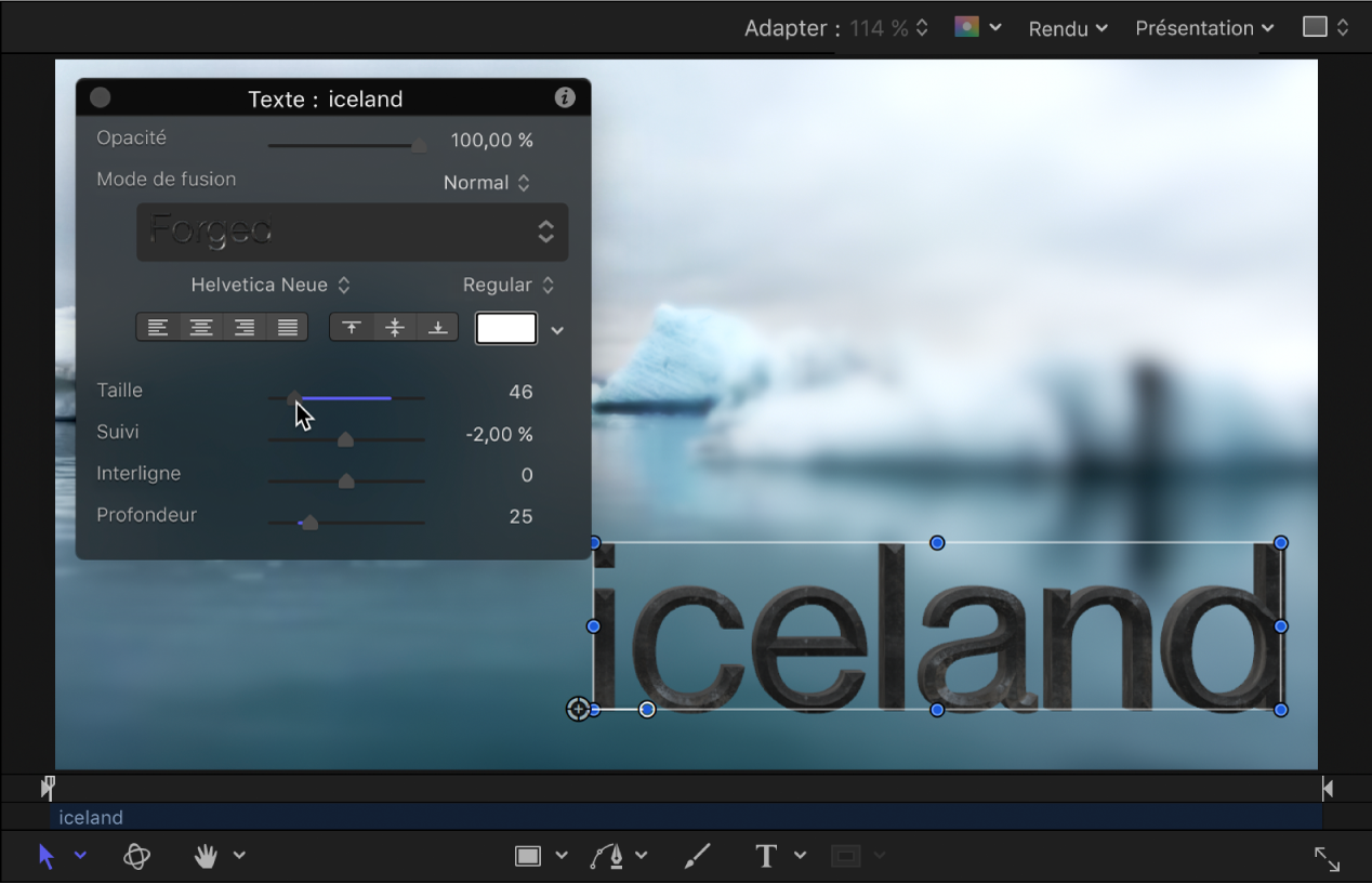 Ajustement dans la palette pour modifier la taille du texte 3D.