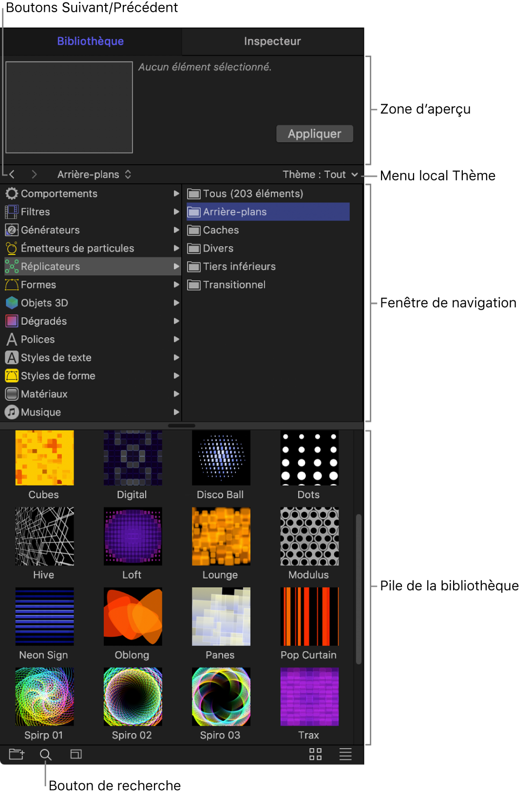 Zones de la bibliothèque : Zone d’aperçu, boutons suivant et précédent, menu local Thème, fenêtre de navigation, pile de la bibliothèque et bouton de recherche