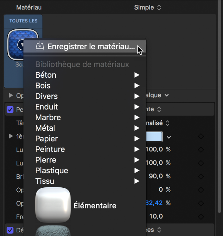 Inspecteur de texte 3D affichant l’option Enregistrer le matériau du menu local des préréglages de matériau