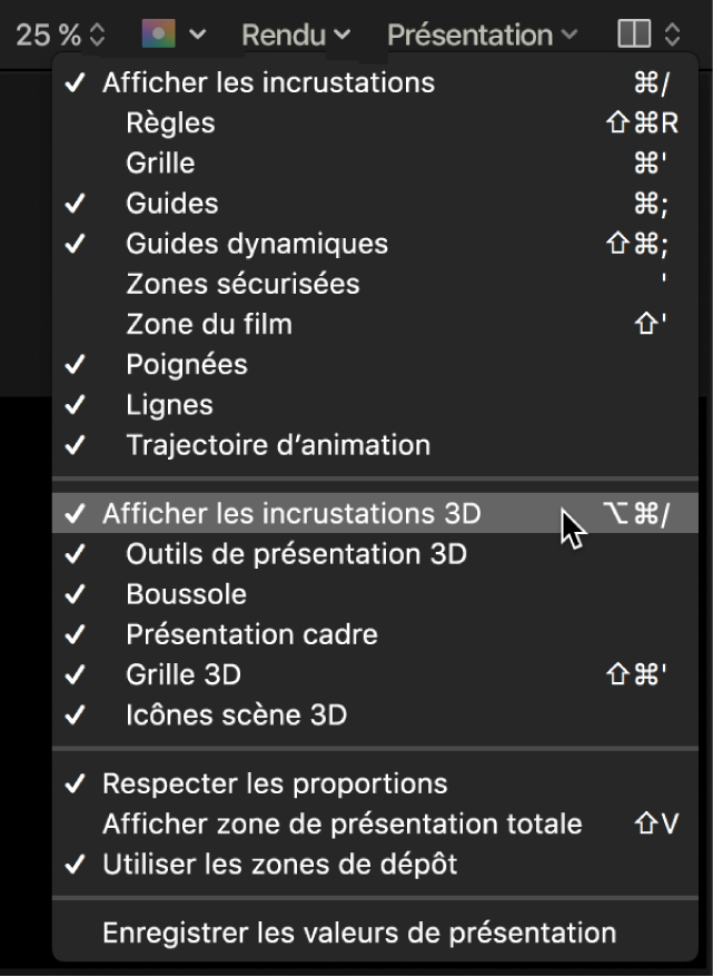 Sélection de l’option « Afficher les incrustations 3D » dans le menu Présentation du canevas
