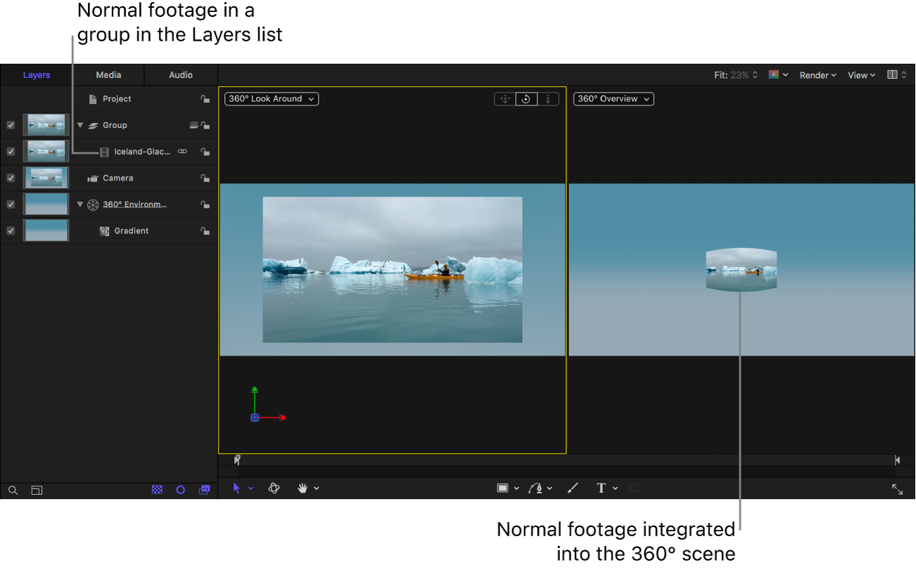 360°プロジェクトのグループオブジェクトに追加された標準素材
