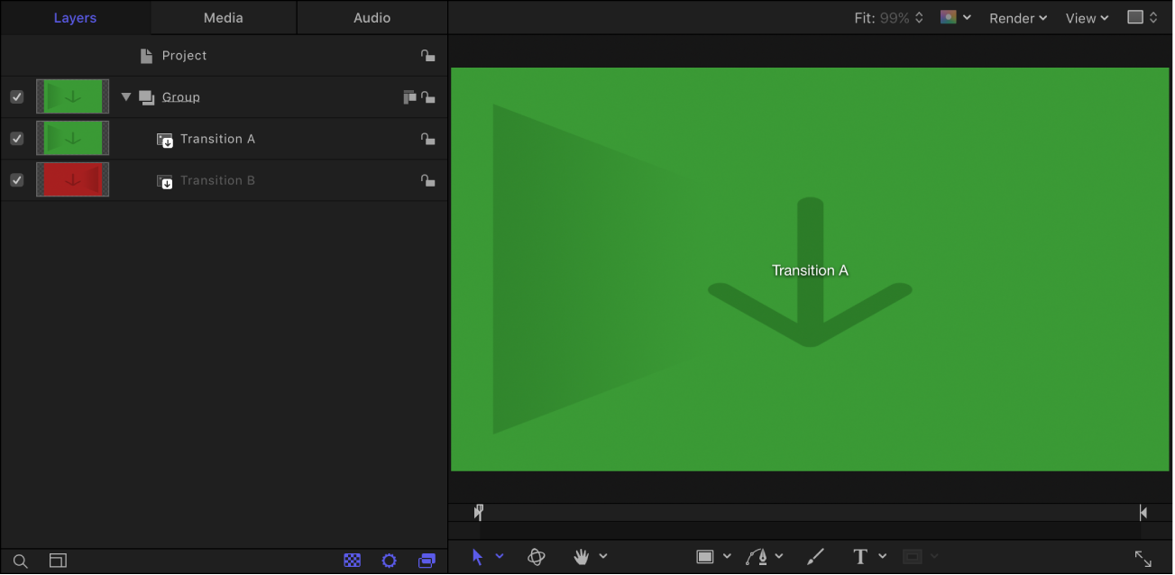 레이어 목록 및 캔버스가 표시된 새로운 Final Cut 트랜지션 프로젝트