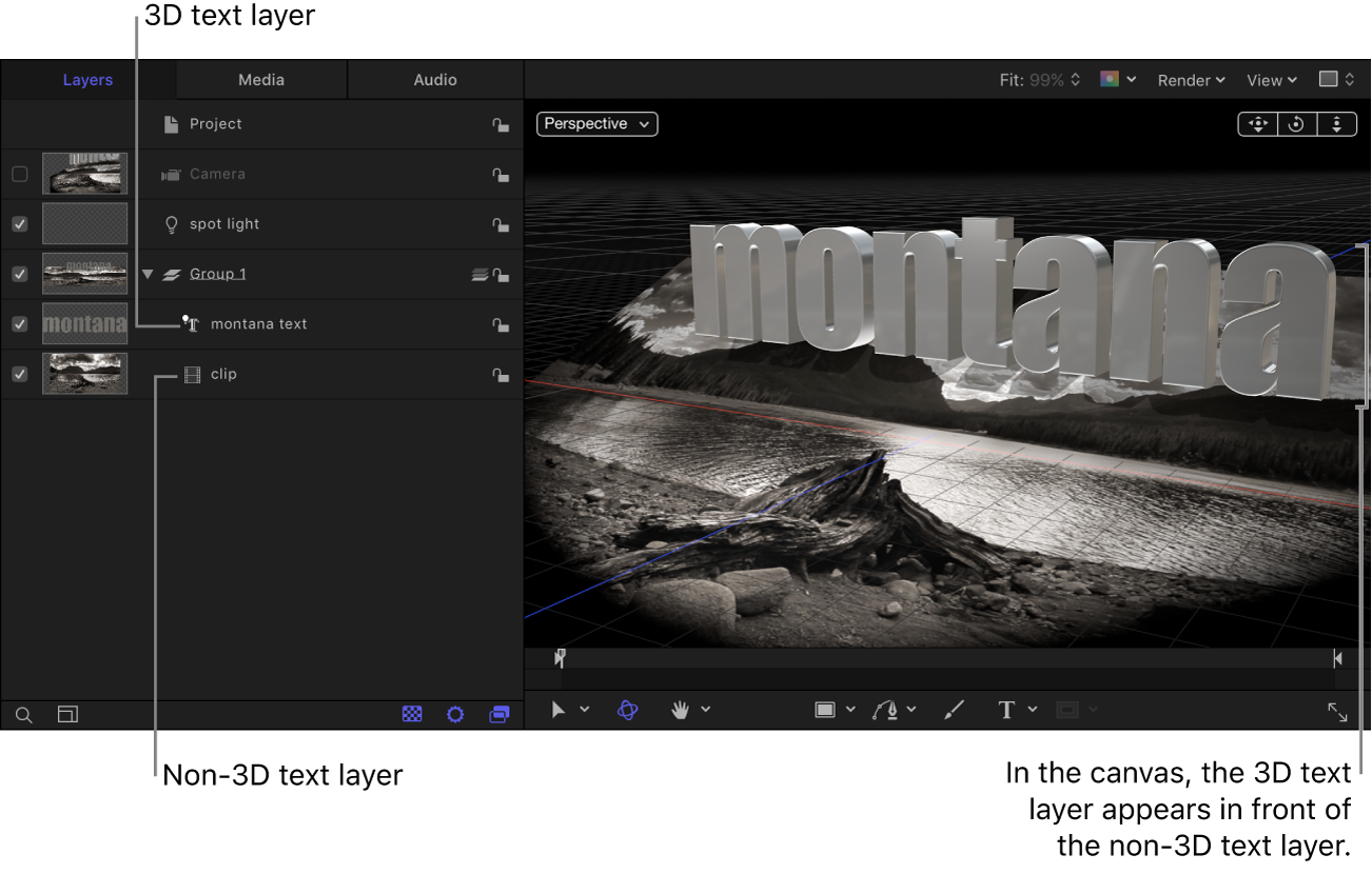 레이어 목록에서 비3D 텍스트 레이어 위의 3D 텍스트 레이어. 3D 텍스트 레이어가 캔버스의 3D 텍스트 레이어 뒤에 나타납니다.