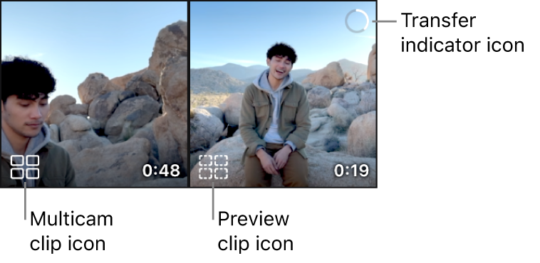 A multicam clip with a multicam clip icon, and a second multicam clip with a preview clip icon and a transfer indicator icon, showing that a file transfer is in progress.
