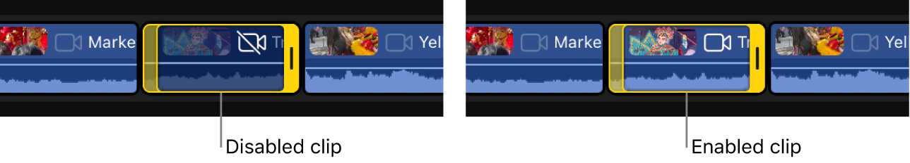El mismo clip desactivado y activado en la línea de tiempo.