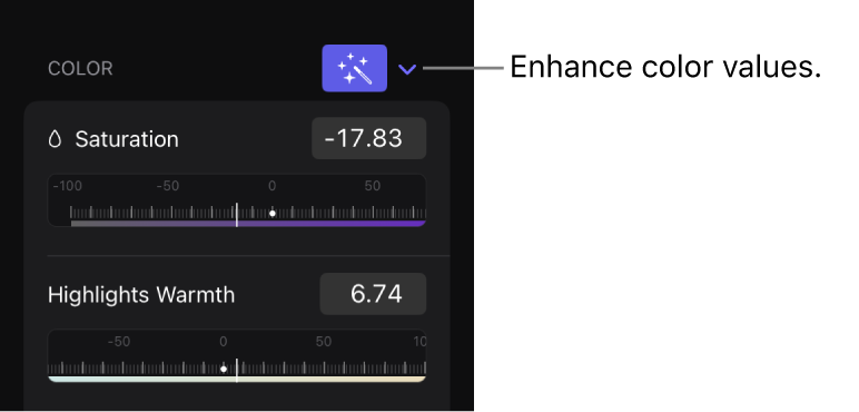 La pestaña Efectos del inspector con el botón Mejorar de la sección Color.