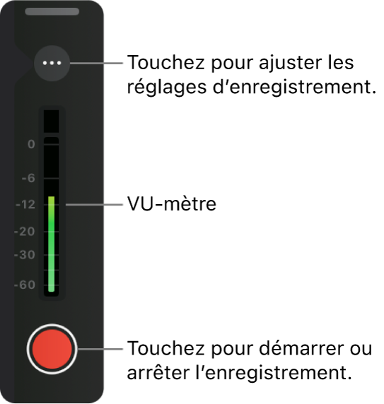 Les commandes de la voix off, avec un bouton Enregistrer, un VU-mètre audio, un bouton Plus pour les options de réglage de la voix off, et une poignée au-dessus pour le repositionnement.