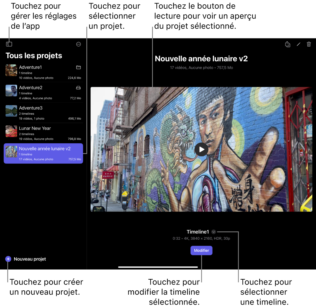 L’écran Projets montrant la liste de projets sur la gauche et un aperçu d’un projet sélectionné sur la droite. Un bouton Lecture apparaît sur l’image d’aperçu, et un bouton Montage apparaît en dessous.