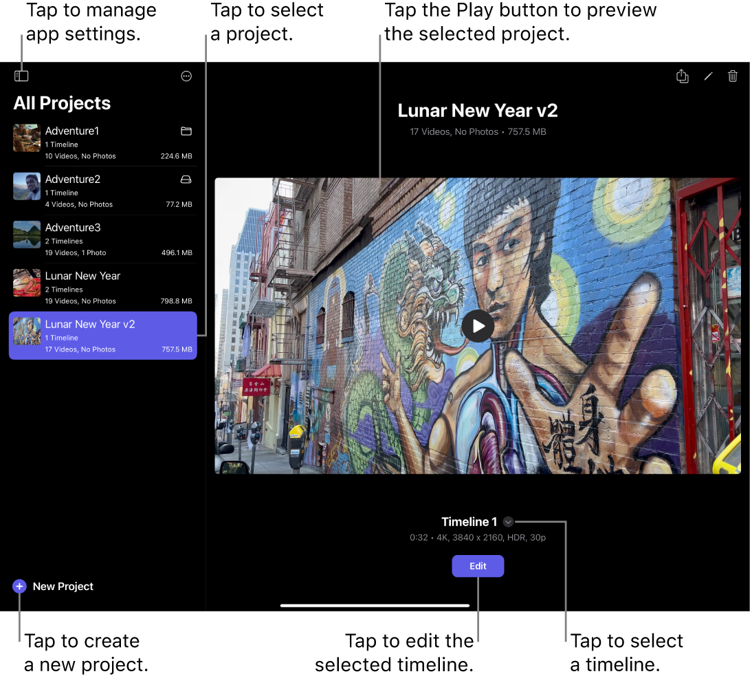 왼쪽에 프로젝트 목록이 있고 오른쪽에 선택된 프로젝트의 미리보기가 있는 프로젝트 화면. 미리보기 이미지에 재생 버튼이 표시되고 그 아래에 편집 버튼이 표시됨.