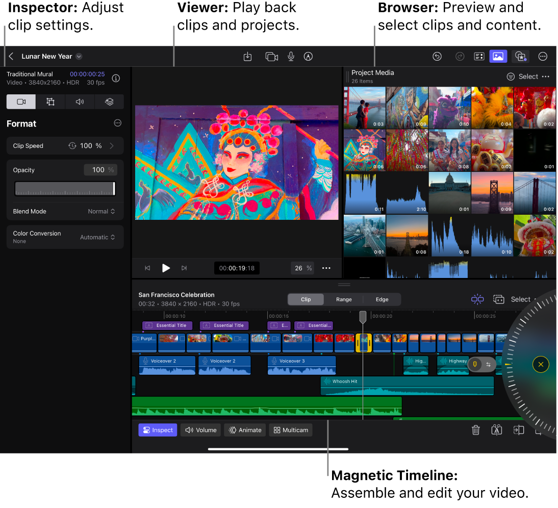 왼쪽에는 인스펙터, 상단에는 뷰어 및 브라우저, 하단에는 타임라인이 열려 있으며 그 오른쪽에는 조그 휠이 열려 있는 편집 화면.