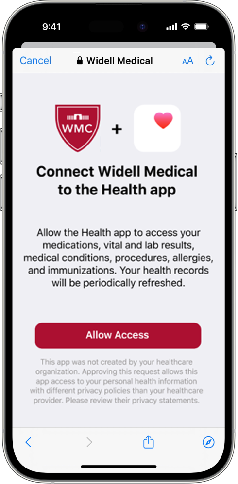 An example of an authorization page for a patient portal account. A button titled Allow Access appears near the bottom of the screen above the sample legal text. Above the button is the message “Connect Widell Medical to the Health app. Allow the Health app to access your medications, vital and lab results, medical conditions, procedures, allergies, and immunizations. Your health records will be periodically refreshed.”