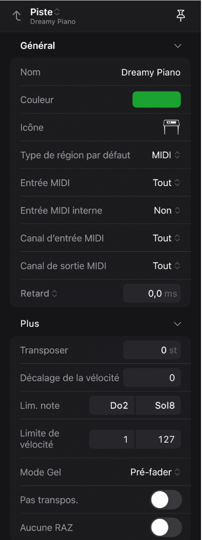 Figure. Inspecteur ouvert avec la piste sélectionnée comme niveau d’affichage et montrant les paramètres de piste.