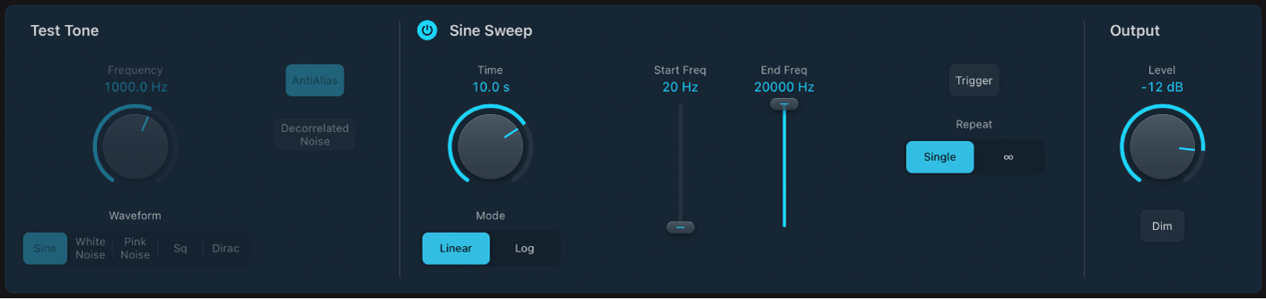 図。Sine Sweepパラメータが強調表示されているTest Oscillatorウインドウ。