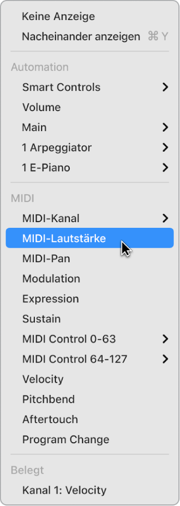 Abbildung. Im Einblendmenü „Automation/MIDI-Parameter“ ausgewählte MIDI-Daten