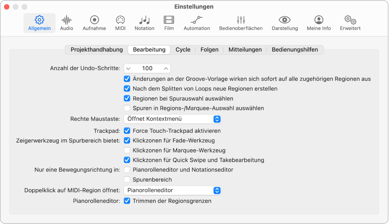 Abbildung. Einstellungsbereich „Allgemein“ > „Bearbeitung“.