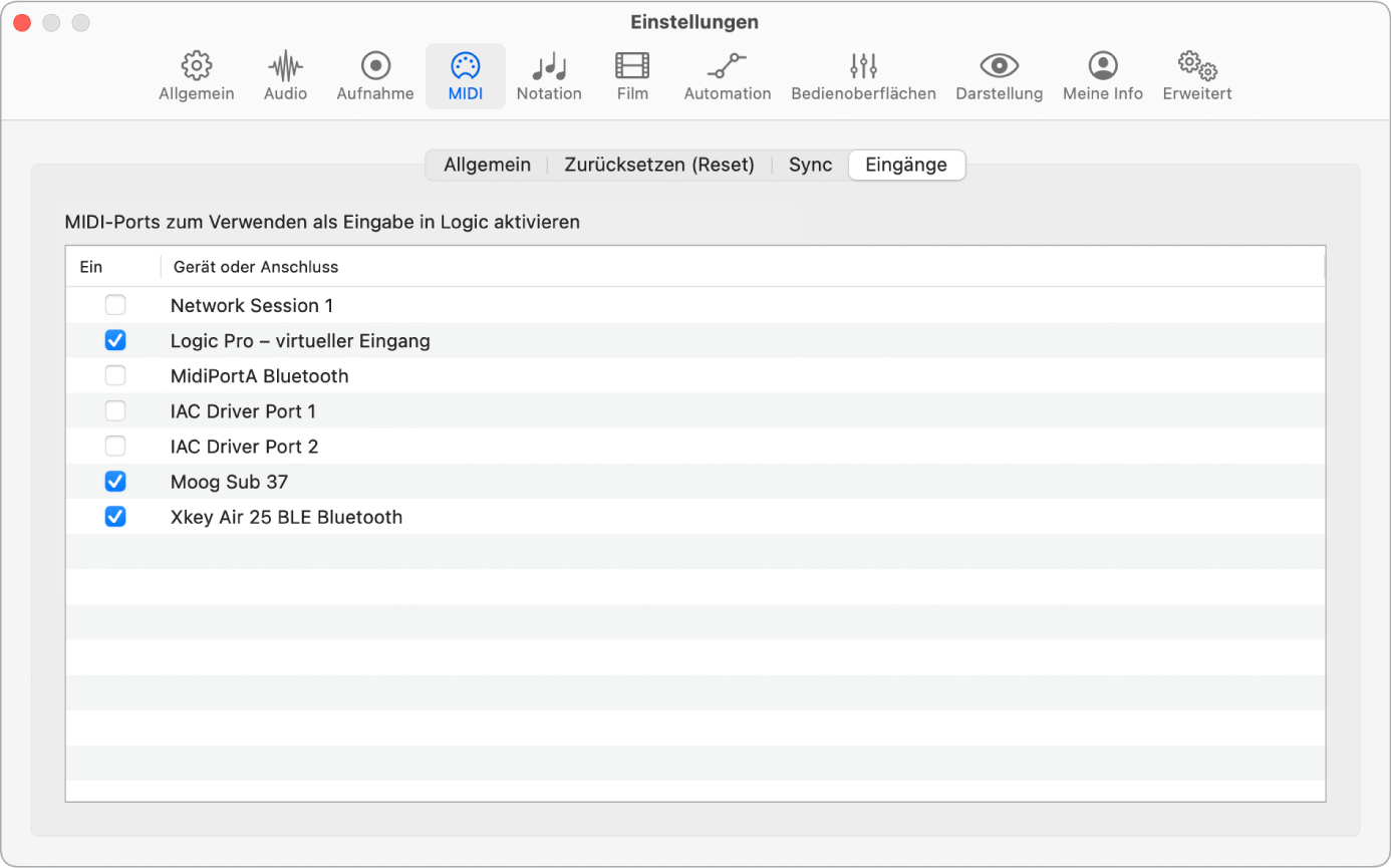 Abbildung. Einstellungsbereich „MIDI“ > „Eingänge“