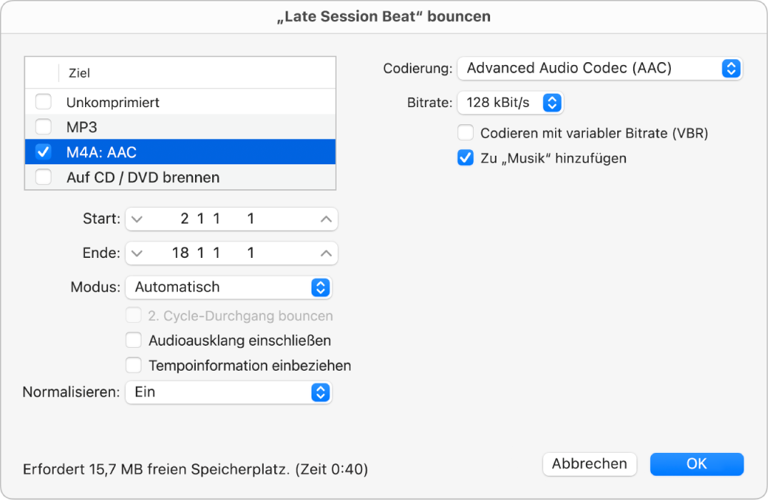 Abbildung. M4A AAC-Datei-Optionen im Bounce-Dialog