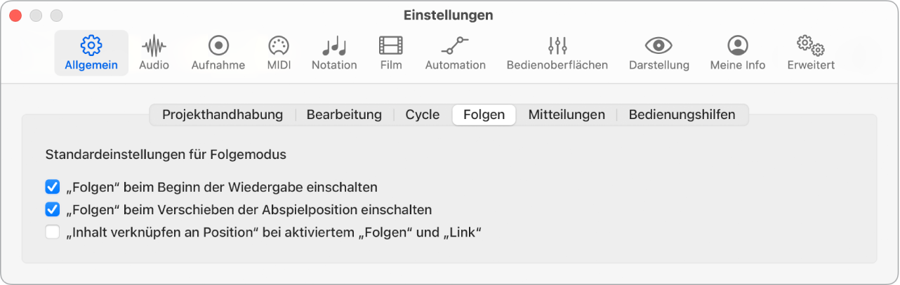 Abbildung. Einstellungsbereich „Allgemein“ > „Folgen“.