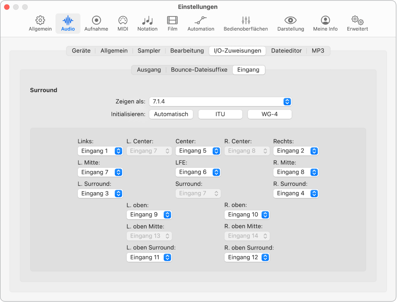 Abbildung. Einstellungsbereich „Audio“ > „I/O-Zuweisungen“ > „Eingang“.