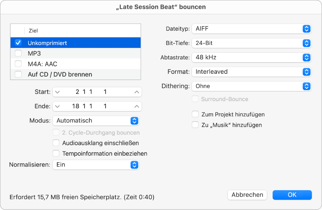 Abbildung. Optionen für „Unkomprimiert“ im Bounce-Dialog