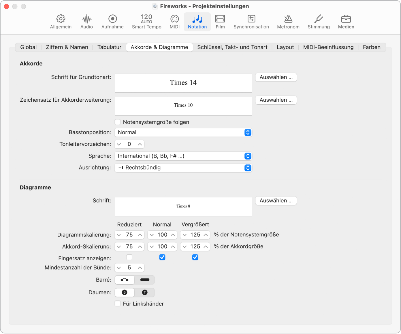 Abbildung. Projekteinstellungsbereich „Notation“ > „Akkorde & Diagramme“