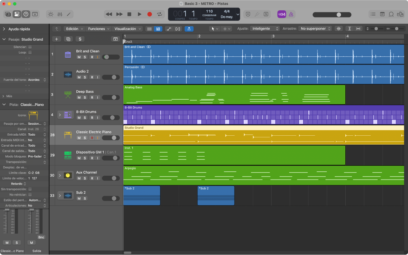 Ilustración. Área Pistas con pasajes de audio, de instrumentos de software y Session Player.
