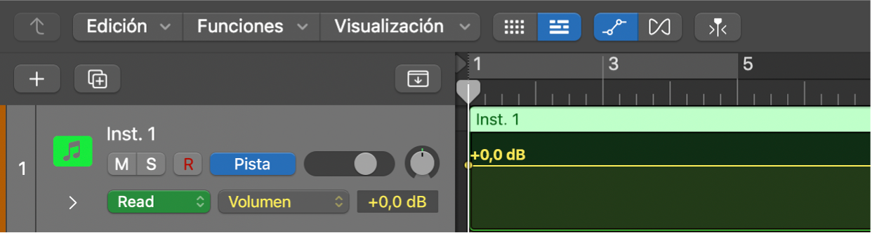 Ilustración. Se muestra la automatización de pista activada para el volumen.