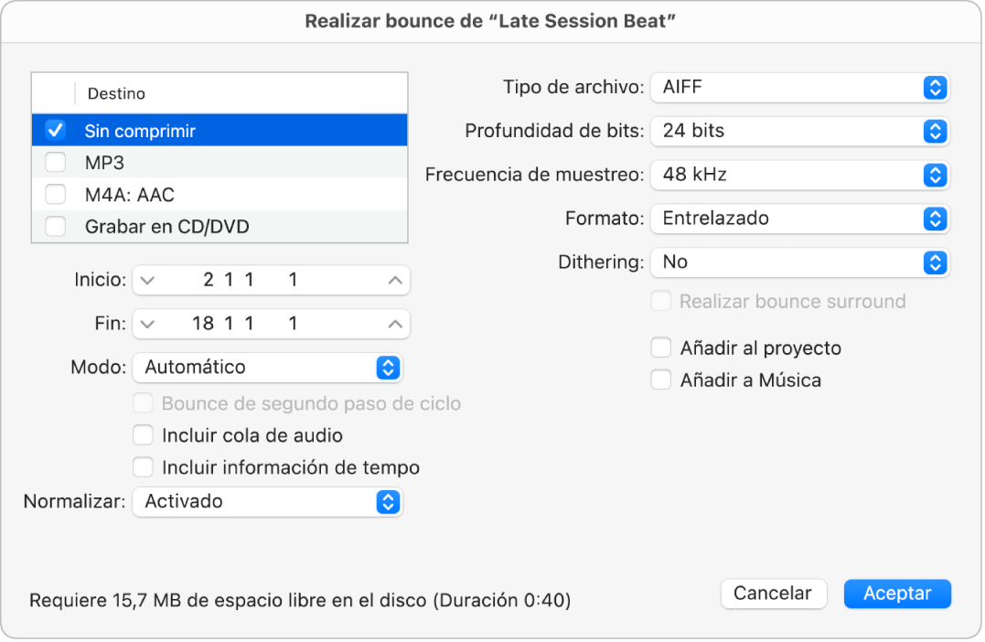 Ilustración. Opciones sin comprimir en el cuadro de diálogo Bounce.