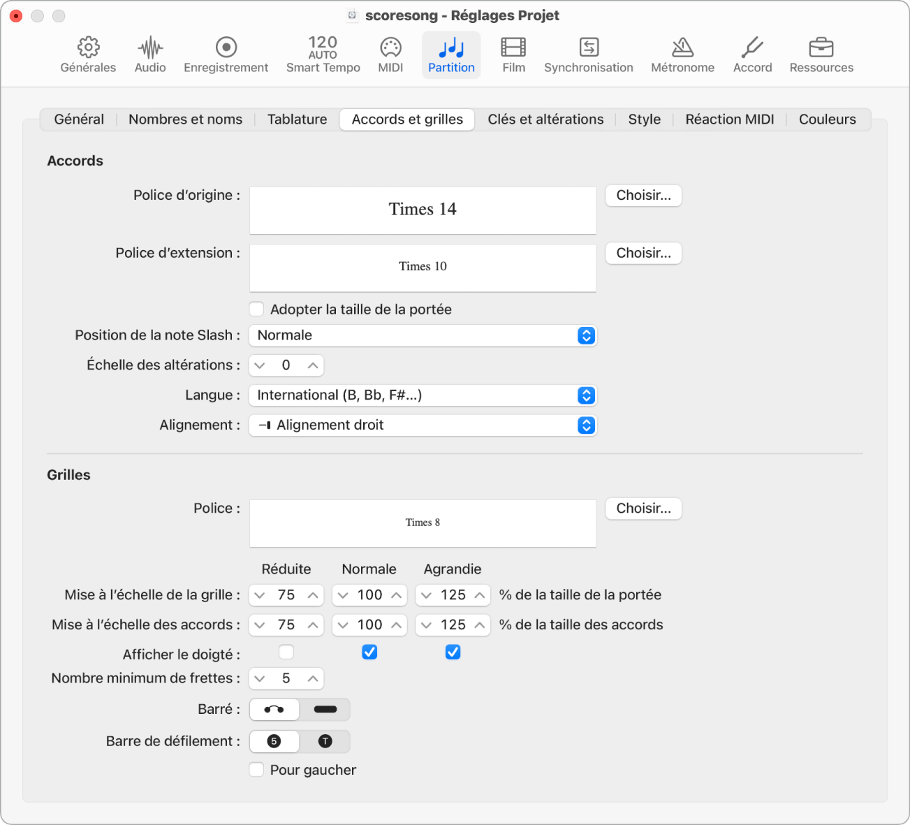 Figure. Sous-fenêtre Accords et grilles dans les réglages de partition du projet