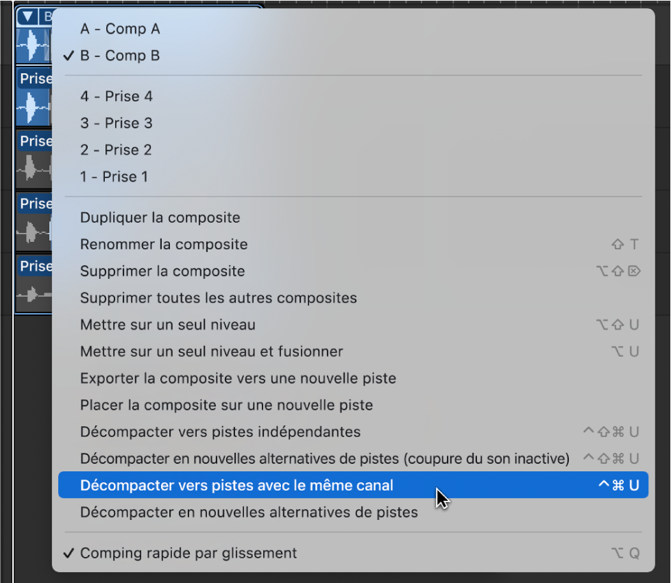 Figure. Sélection de « Décompacter vers pistes avec le même canal » dans le menu local.