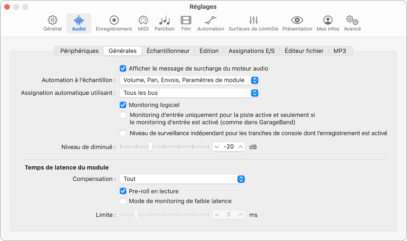 Figure. Réglages audio généraux.