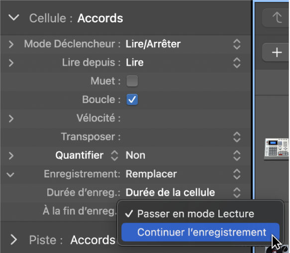 Figure. Menu local des réglages « À la fin d’enreg. » dans l’inspecteur de cellule.