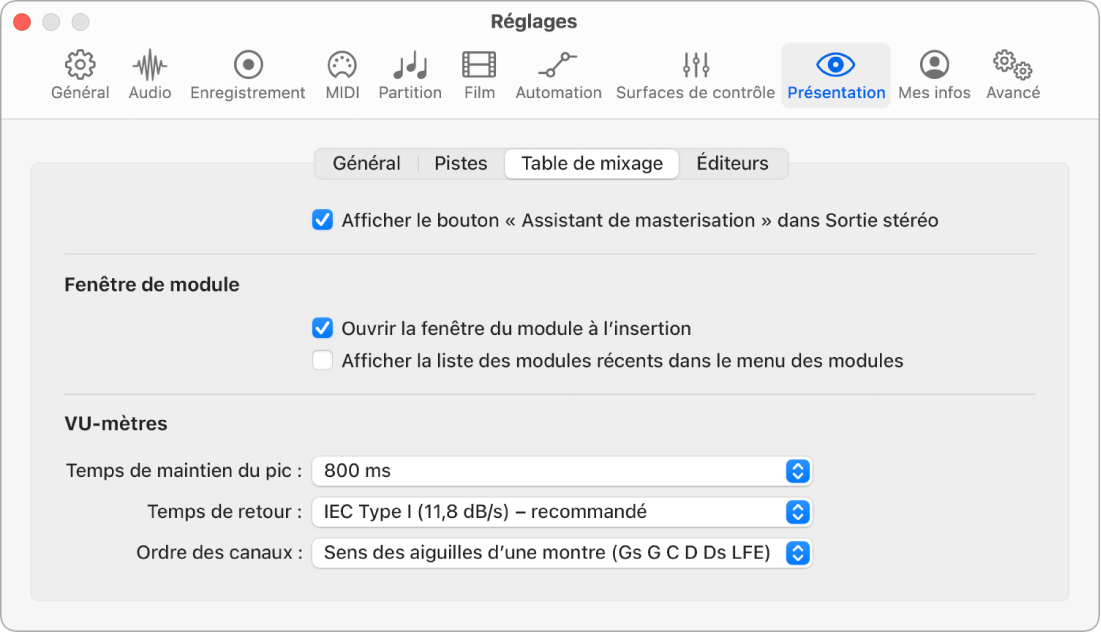 Figure. Réglages de la présentation Table de mixage.