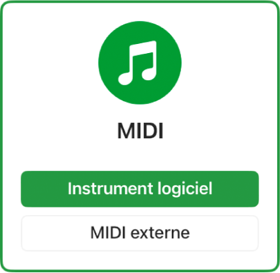 Figure. Sélection du bouton « Instrument logiciel et MIDI » dans la zone de dialogue Nouvelles pistes.