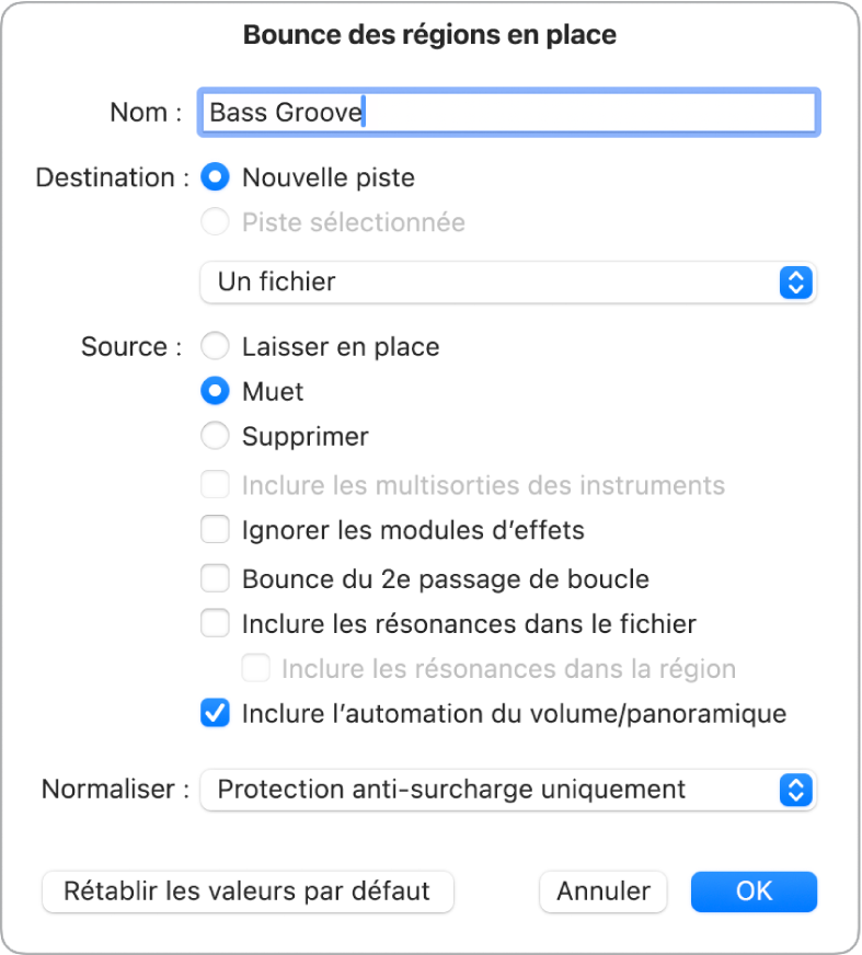 Figure. Zone de dialogue « Bounce des cellules à leur place ».