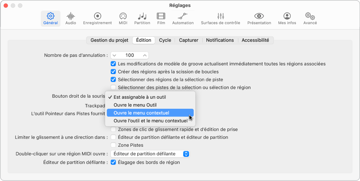 Figure. Menu « Bouton droit de la souris » dans la sous-fenêtre Édition des réglages générau.